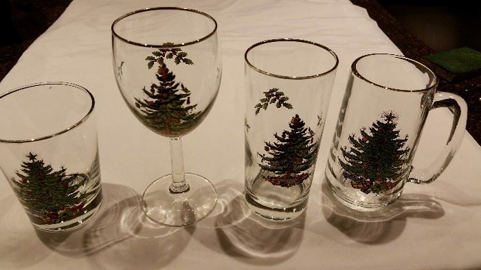 Spode Christmas Tree Wine Glasses, Highballs, Rocks and Mugs