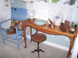 WICKER CHAIR, OAK SOFA TABLE, MAHOGANY STAND & SMALLS