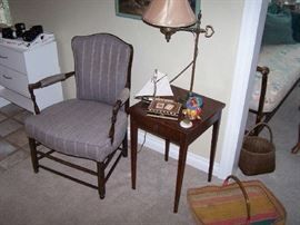 ARMCHAIR, SMALL TABLE, LAMP & MISC.