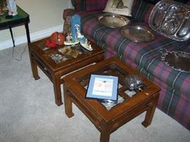 PAIR OF GLASS-TOP TABLES, MORE SILVER-PLATE , PLAID SOFA &  SMALLS