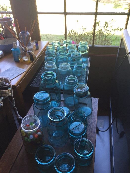 blue canning jars--notice the jar in the front has my FAVORITE THING--OLD MARBLES