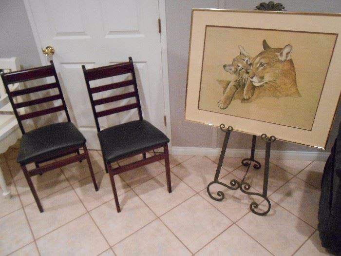 Fold up pair of chairs, Easel and picture