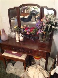 Antique Vanity - triple mirror / bench $ 200.00
