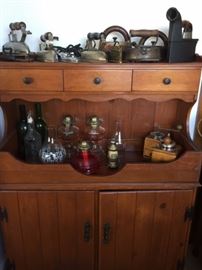 Colonial Style Cabinet, Antique Clothing Irons (Flat-Irons, Sad-Irons), Trivets, Oil Lanterns, Grinders/Mills.