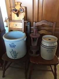 Decorative Antique Style Wall Phone, 5 Gallon Western Stoneware Crock (Monmouth, Illinois), Red Cast Iron Cistern Hand Well Water Pump, 2 Gallon Stoneware Butter Churn (Marshall, Texas), 2 Ladder Back Chairs