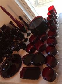 Vintage Ruby Red Salad and Luncheon Plates, Textured bowls, Triangle Relish Dishes for Platter, Butter Dish (no Lid), Arcoroc Luminarc  France (Wine and Sherbets).