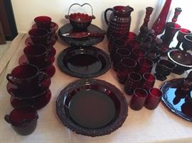 Vintage Ruby Red Glassware, Cup and Saucers, Cream and Sugar, Avon Cape Cod (Cake Stand, Pie Plates), Anchor Hocking Bubble Glass Pitcher and Tumblers.