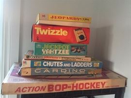 Board Games (Jeopardy, Twizzle, Jackpot Yahtzee, Chutes and Ladders, Cardino, Action BOP-HOCKEY)