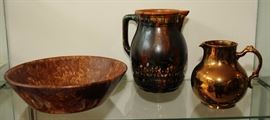BENNINGTON/ROCKINGHAM  LARGE BOWL & PITCHER & LUSTER WARE PITCHER 