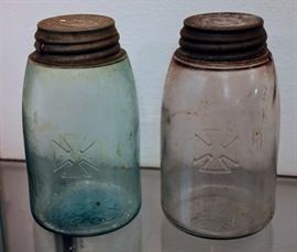 PAIR MIDGET MASON JARS WITH HERO MARKS
