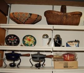 PETER MAX ENAMEL CHAFFING DISHES & PETER MAX 60's GE WALL CLOCK & TRIBAL BASKETS 