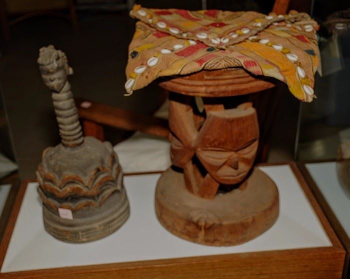 TRIBAL AFRICAN WOOD HAT AND STOOL 