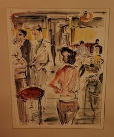 RARE ORIGINAL 1953 SIGNED Sacha Chimkevitch WATERCOLOR ~ SCENE de BISTRO [1 OF 3
