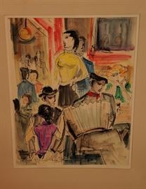 RARE ORIGINAL 1953 SIGNED Sacha Chimkevitch WATERCOLOR ~ SCENE de BISTRO [1 OF 3