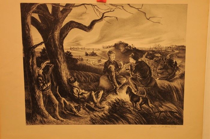 SIGNED JOHN S de MARTELLY  
Blue Valley Fox Hunt
Lithograph, 1937,  9 3/8 x 12 1/8 Signed in pencil, lower right. This is a fine impression as published by AAA in New York. The condition is fine.The artist was a close friend of Thomas Hart Benton.