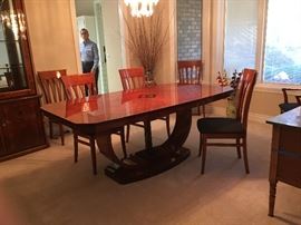 Excelsior Dining Room Set. Made in Italy. Matchbook, Quilted Maple. Table, 2 leaves, 8 chairs and china cabinet