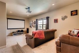 Leather couches for a home cinema, decor, mini fridge and concession stand (not pictured)