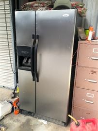 Stainless refrigerator, filing cabinet, gas cans, tools, etc.