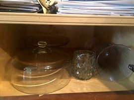 Glassware, cake plate, vases, etc.