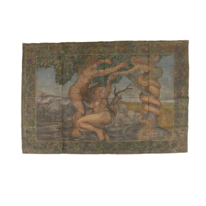 Jacques Lamy Oil Paining on Burlap Tapestry of Adam and Eve: An oil painting on burlap tapestry with linen backing of Adam and Eve by listed, French artist Jacques Lamy (1946-2016). This work features Adam and Even picking apples from the tree of knowledge. It is signed in paint to the verso. This work is fitted with hanging “O” rings to the verso.