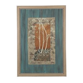 Jacques Lamy Mixed Media on Board: A mixed media composition on board by Jacques Lamy (France; 1946-2016). The work depicts an abstracted landscape with sweeping paint, woven fabric, and textured board. Signed in paint to the bottom left of the image. Presented in a decorative wooden frame without glass. To the verso, a gallery label is attached to the hanging wire and an additional label is adhered to the work.