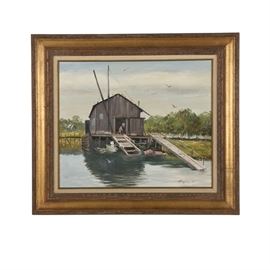 Charles Kinghan Oil Painting on Canvas Dock Scene: An oil painting on canvas of a dock scene by listed American artist Charles Ross Kinghan (1895-1984). This work features a simple wood shelter situated on the bank, with ramps descending into the water. The work is signed to the lower right. A short bio and a photo of the artist are attached to the verso. The composition is presented in a brown and gold-tone wood frame with carved designs, a canvas liner, and a gold-tone sight edge. Some handwriting is present to the frame verso.