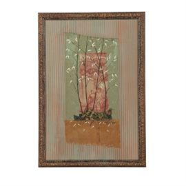 Jacques Lamy Mixed Media Painting on Board of a Classical Scene: A mixed media painting on board of a classical scene by Jacques Lamy (France; 1946-2016). Depicted is a neo-classical style piece featuring a cut rectangle of fabric illustrating a young woman and man taking a stroll through a garden. Artist’s stamp to verso of piece. Presented in a wooden frame with wire hanger to verso.