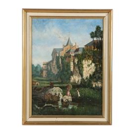Oil Painting on Canvas of a Victorian Genre Landscape: An oil painting on canvas of a Victorian genre landscape. This painting depicts three women along a riverbank outside of a Victorian castle rendered with stippled brushstrokes and soft hues. It is signed in paint “Marie Lande” to the lower right corner. Artist’s name is also inscribed to a label attached to the verso. This painting is presented in a gold painted wood frame with linen lining without glass.