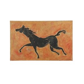 Jacques Lamy Fresco Painting on Burlap "Black Stallion": A fresco painting on burlap titled Black Stallion by Jacques Lamy (France; 1946-2016). The work depicts a stylized horse featuring gestural lines on a warm background. Signed to the bottom right in marker. A gallery label is also attached to the verso with the artist name and title of the work. Presented unmounted and without a frame.