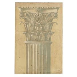 Jacques Lamy Fresco Painting on Burlap of Corinthian Column: A fresco painting on stretched burlap depicting a Corinthian column by listed artist Jacques Lamy (French, 1946 – 2016). Signed by the artist to the lower right corner. Presented without a frame.