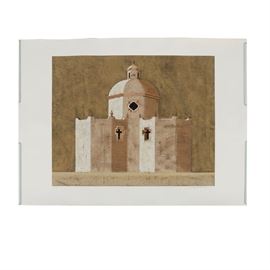 Jacques Lamy Signed Artist's Proof Serigraph on Paper Architectural Landscape: A signed artist’s proof serigraph on paper of an architectural scene by listed French artist Jacques Lamy (France; 1946-2016). The work depicts a Mediterranean style church comprised of beige, off-white and brown hues. The piece is signed by hand in graphite and marked artist’s proof in French to the lower margin. The item remains unframed.