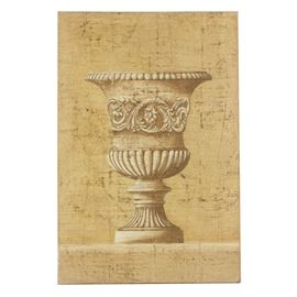 Jacques Lamy Fresco Painting on Burlap of Still Life: A fresco painting on burlap of a still life by listed French artist Jacques Lamy (France; 1946-2016). The work depicts a prominent garden urn comprised of a scrolling and fluted patterns, placed within a beige background. The piece is unsigned by the artist. Marked with the artist’s state stamp “Jaques Lamy, Dallas” to the verso. The item remains unframed.