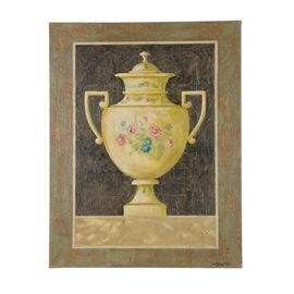 Jacques Lamy Fresco Painting on Burlap of Handled Vase: A fresco painting on stretched burlap of a handled vase by listed artist Jacques Lamy (French, 1946 – 2016). Signed by the artist to the lower right corner. Presented without a frame.