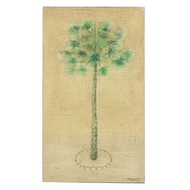 Jacques Lamy Fresco Painting on Burlap: A fresco painting on burlap by Jacques Lamy (France; 1946-2016) created in 2000. The work depicts a palm tree with various green and brown tones. Signed to the bottom right in paint. To the verso, the artist makers mark is stamped with the date. Presented unmounted and without a frame.
