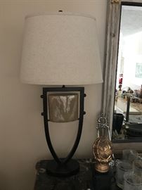 Ethnic Inspired 80’s Deco Burnished 
Iron Lamps  (33” x 16” overall - including shade & finial)   255.— (pair)