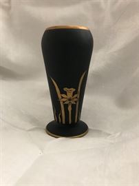 1930’s Black Tiffin Glass Vase with Gold Overlay Iris  (7”)   75.—