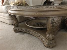 Antique Finish Classic Round Cocktail Table with Carved Cabriole Legs and Beveled Glass Insert (42”dia x 19”h)   450.—