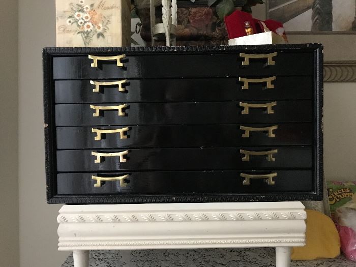 1960’s Chinese Modern Black Lacquer Six Drawer Jewelry Chest 
(22” x 12” x 14”)   129.—