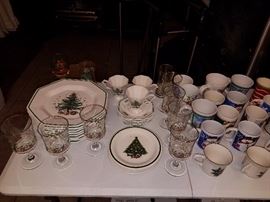 NIKKO Christmas China set. 8 plates, 6 saucers, 3 cups, and 1 glass