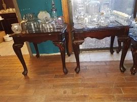 Wooden glasstop side tables. Additional matching coffee table with one missing glass insert is also available. 