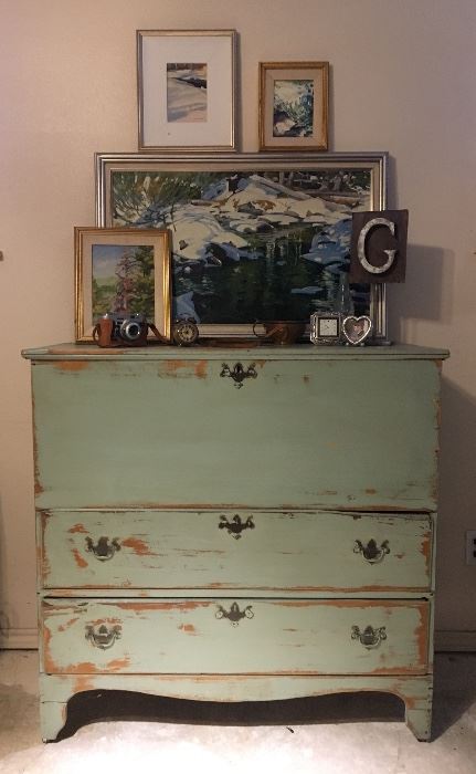 Antique 19th century blanket chest that some one 'repainted' not realizing it's age.  This piece does not have the original pulls but it has square head nails in the construction.   It is a fine piece that should be refinished. 