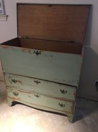 Antique 19th century blanket chest that some one 'repainted' not realizing it's age.  This piece does not have the original pulls but it has square head nails in the construction.   It is a fine piece that should be refinished. 