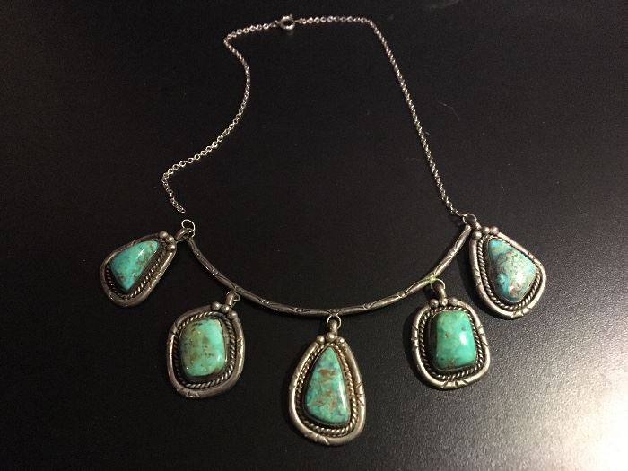 Mexican Sterling Silver Necklace with five turquoise stones