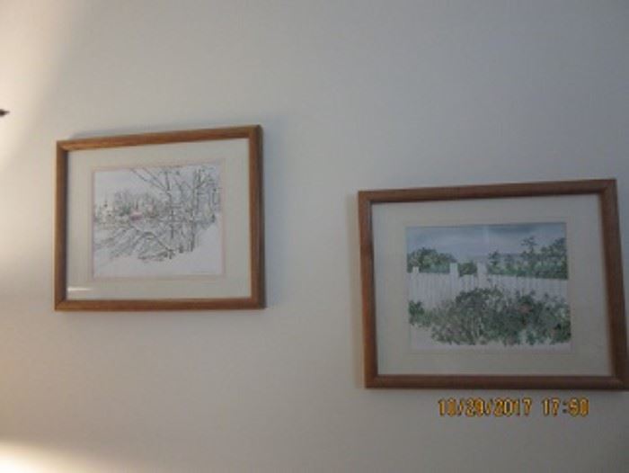 Two water colors from a gallery in Kennebunkport, Maine. The one on the left is " A winter scene". The one on the right is "Summer Time"