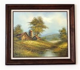 Barn and Silo Framed Oil Painting