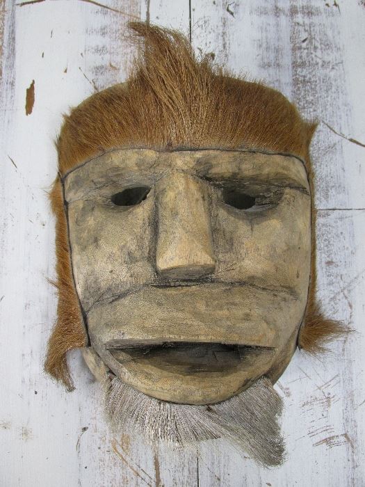 Vintage Wood Tribal Mask, Animal Hide