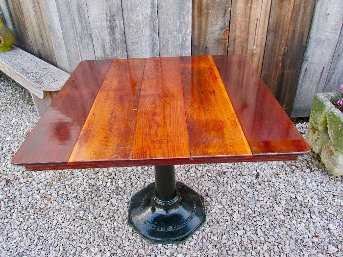 Antique cast iron base billiards table, redwood top