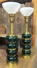 Pair of vintage emerald glass library lamps