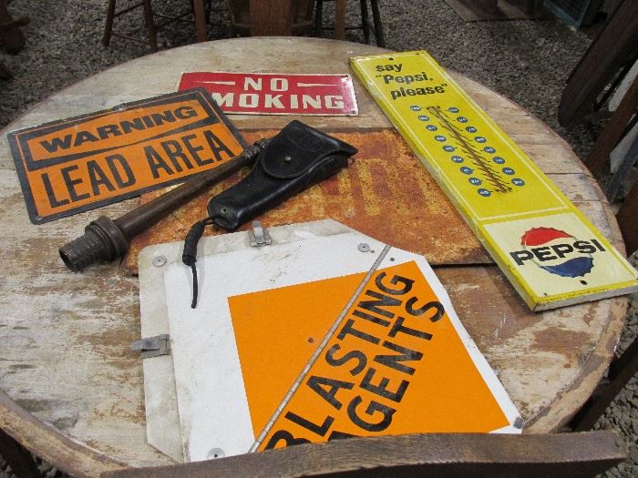 Vintage signs, Pepsi, Industrial, Old Fire hose nozzle, Vintage Colt 45 holster