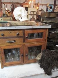 Vintage Apothecary Table Top Cabinet, Antique Millinery Feathers, Vintage Medical Skull, Apothecary glass bottles 